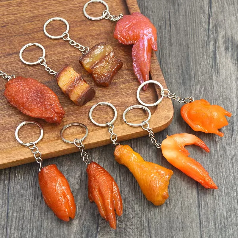 

100pcs/Lot PVC Simulation Food Keychain Chicken Wing Pork Keyring Peking Duck Key Chain Waxberry Key Rings