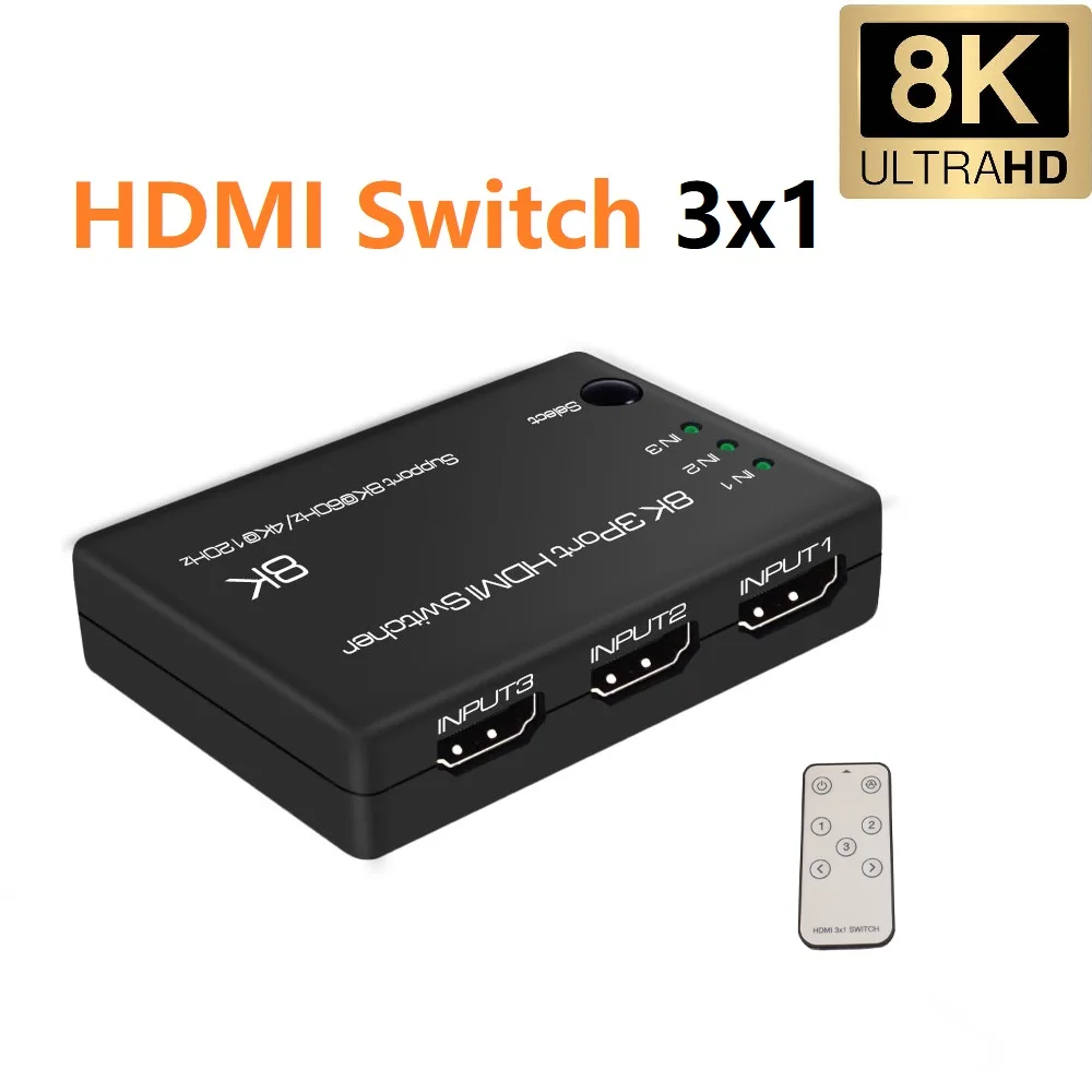 

8K HDMI Switch Remote 4K 120Hz 3 In 1 Out HDMI 2.1 Selector Splitter for HDR UHD VRR ALLM 2K 144Hz Dolby Vision for PS5 XBOX TV