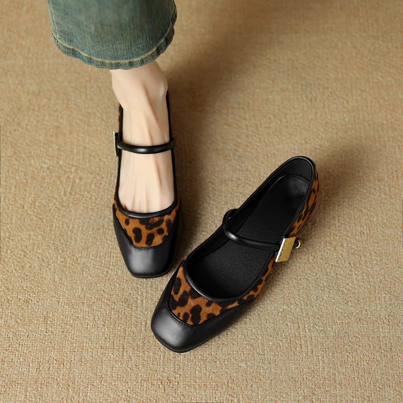 Brand Chic Patchwork Velvet Mary Jane Ballet Flats Women Shoes Leopard Print Comfortable Square Toe Flat Loafers Shoes Female 43