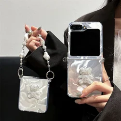 Phone Case For Samsung Galaxy Z Flip 6 5 4 3 Cover with Chain Cute Rhinestone Bear Water Ripple Cases For Z Flip5 Flip4 Flip3 5G