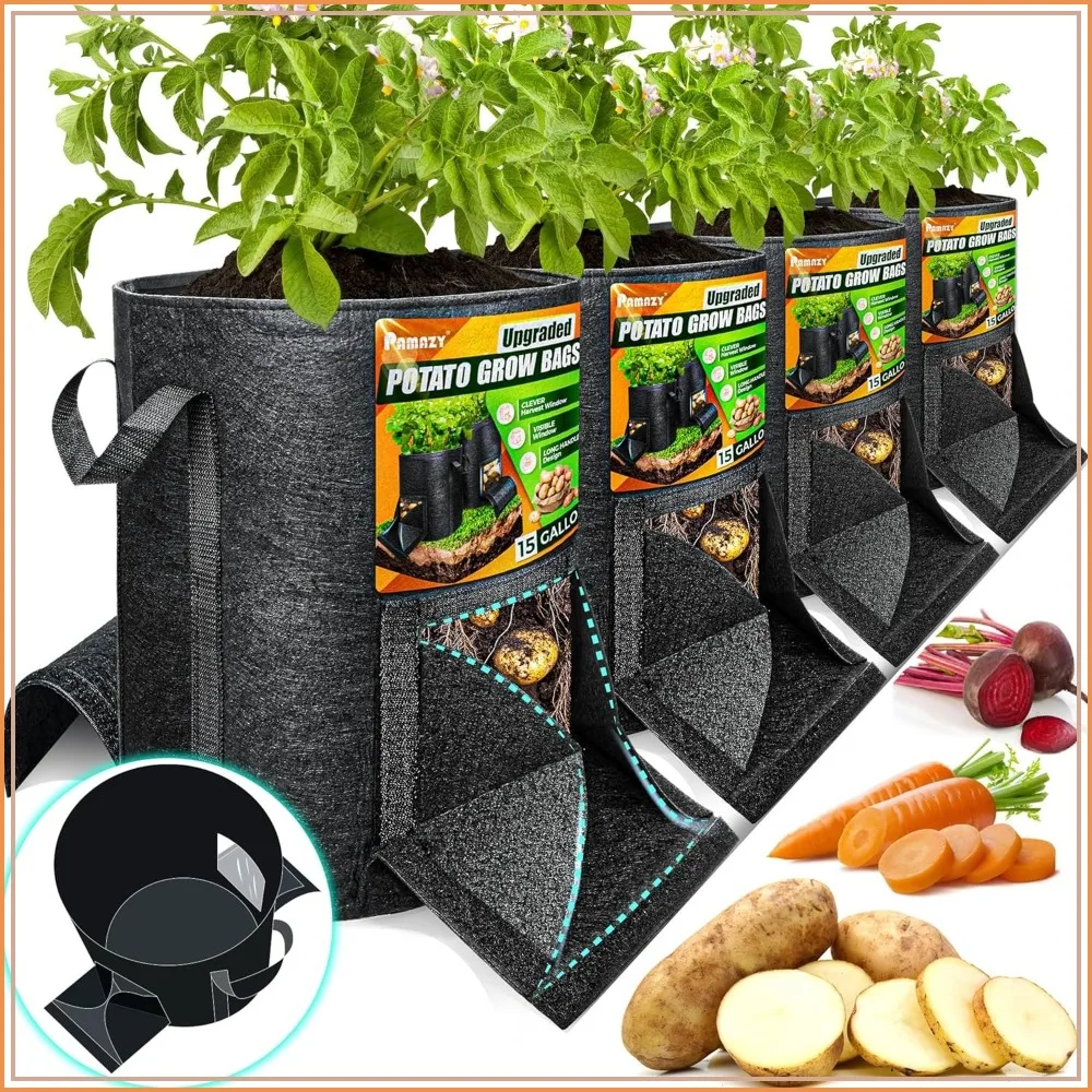 

15 Gallon Potato Grow Bags with Harvest Window & Visible Window, Non-Woven Planter, Heavy Duty Handles for Vegetables, 4 Pack