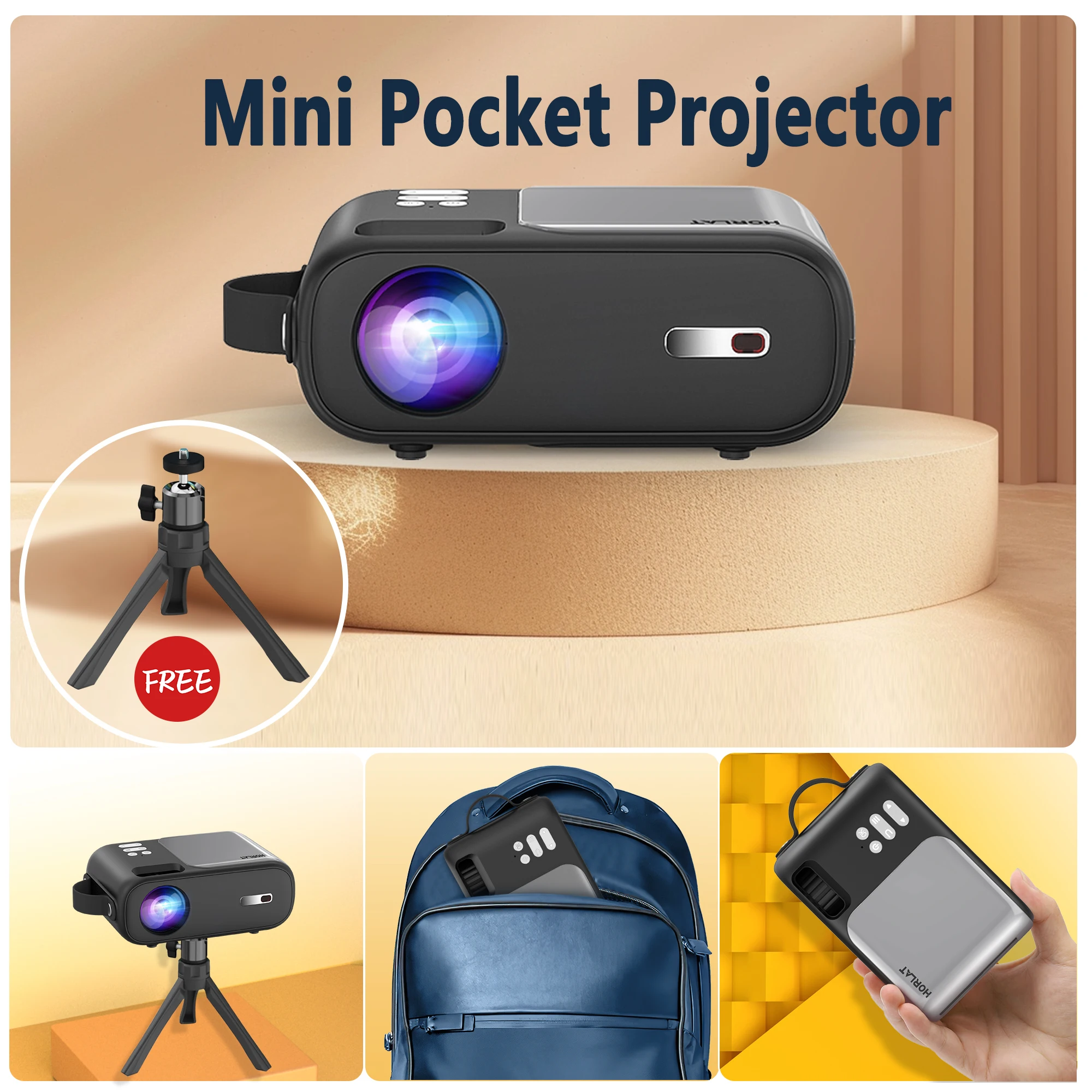 HORLAT Mini Android Projector 300ANSI Full HD Portable Pocket Proyector Mini Beamer 5G Dual WiFi 9000Lumens Home Video Theater