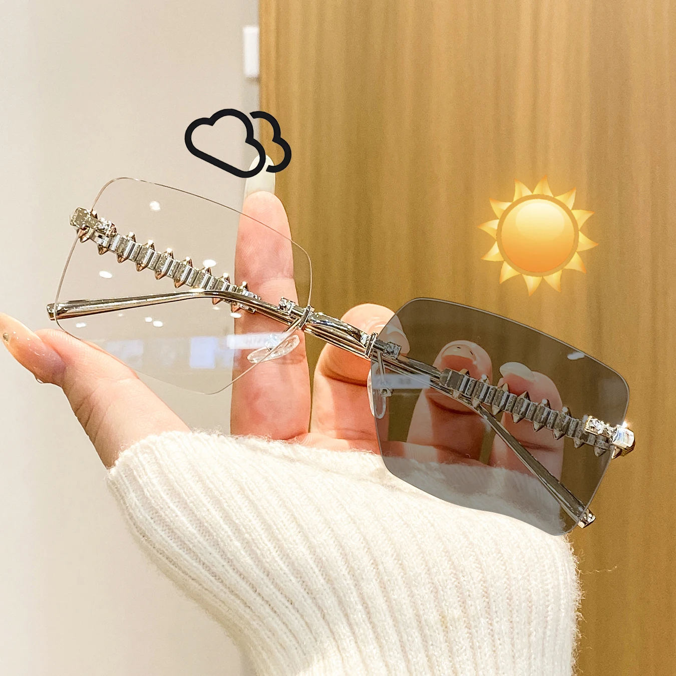 1 Pair of Women's Rimless Metal Photochromic Glasses, Exquisite and Luxurious, High-End, Eye-Catching, Fashionable Women's Glasses, Suitable for Wearing at Banquets, Dates, Vacations, Travel, Afternoon Tea Parties