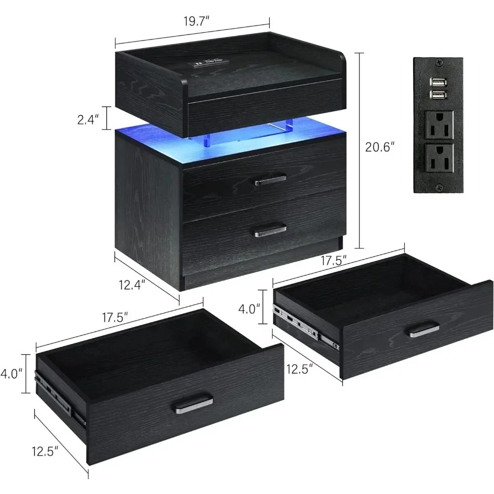 LED Nightstand with Voice-Activated Mode, Acrylic Float Nightstand with Charging Station, Side Table End Table with 2 Drawers