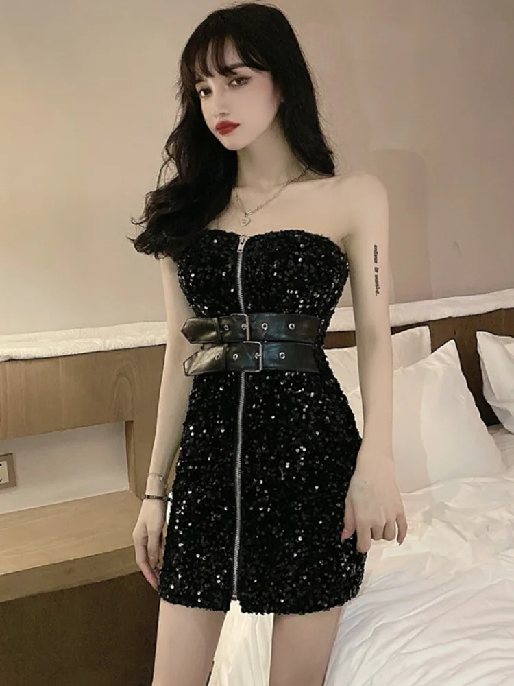 Czarna Sukienka Bandage Bodycon z Cekinami 2025 Elegancka Damska Sukienka Klubowa Seksowna Kopertowa na Biust Letnia Koreańska Sukienka Wieczorowa Vintage