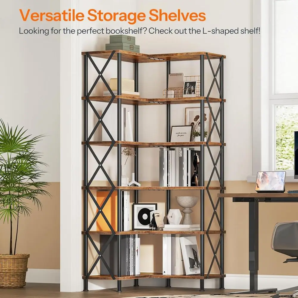 Corner Bookshelf, 6-Tier L-Shaped Bookcase, Industrial Open Display Shelf Tall Storage Organizer, Vertical Storage Rack, for Liv