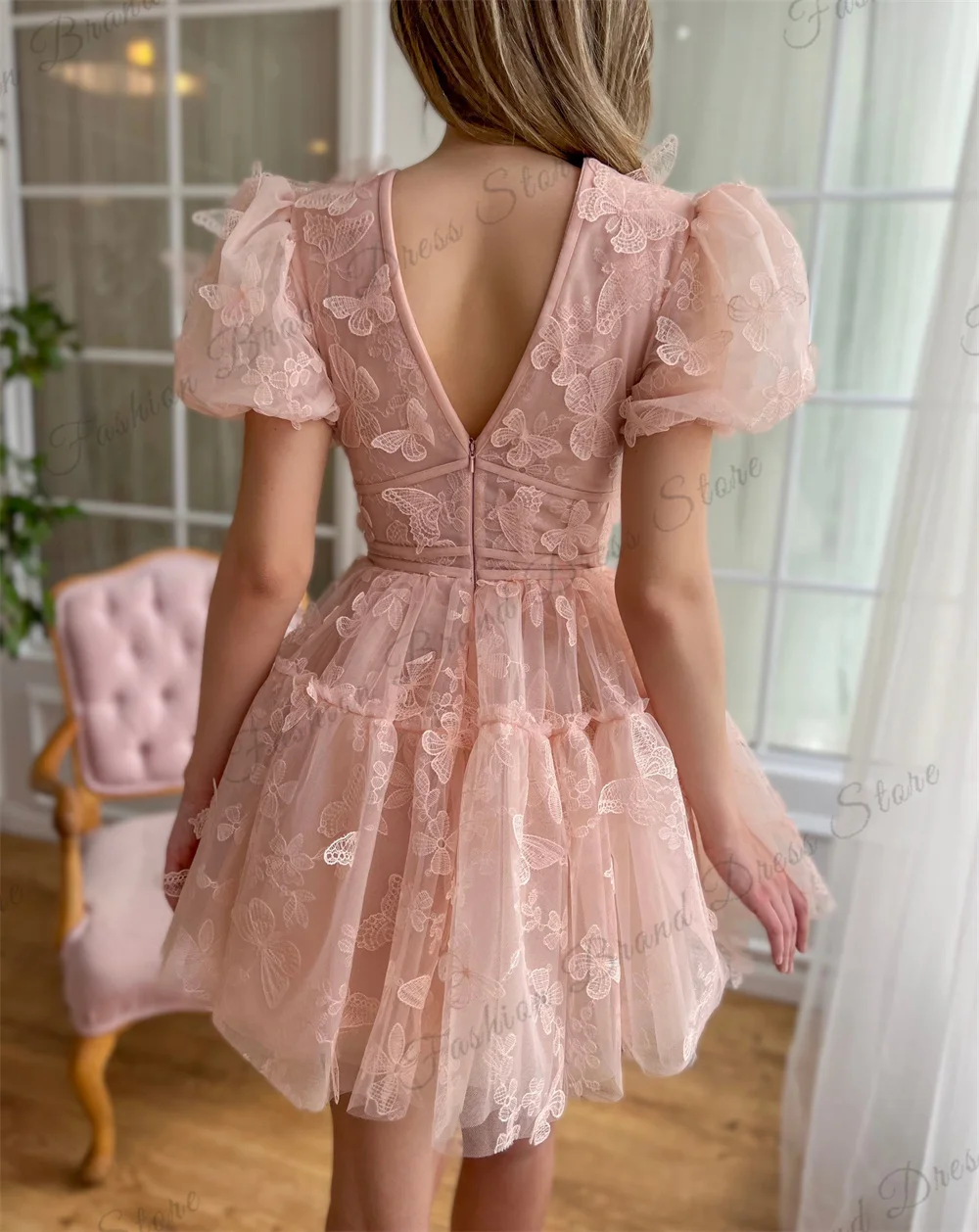 Off-the-shoulder V-Neck Homecoming Dresses for Teens 3D Floral Butterfly Backless Prom Gown A-line Short Sleeves Graduation Gown