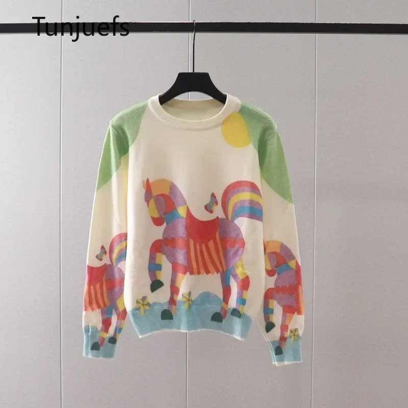 Y2k Clothes Chain Print Sweater Women luxury brand Long Sleeve sweaters Pullover Women's sweater Rainbow Horse Jumper Knit Tops