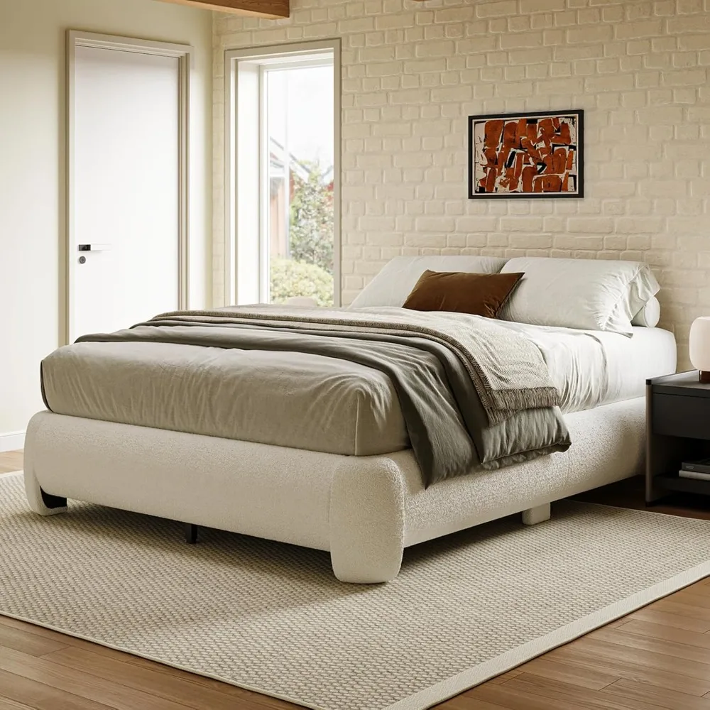 Cloud Platform Bed Frame Queen Size, Soft Boucle Bed Frame with Round Corner, Upholstered Queen Bedframe with Heavy Duty Wood Sl