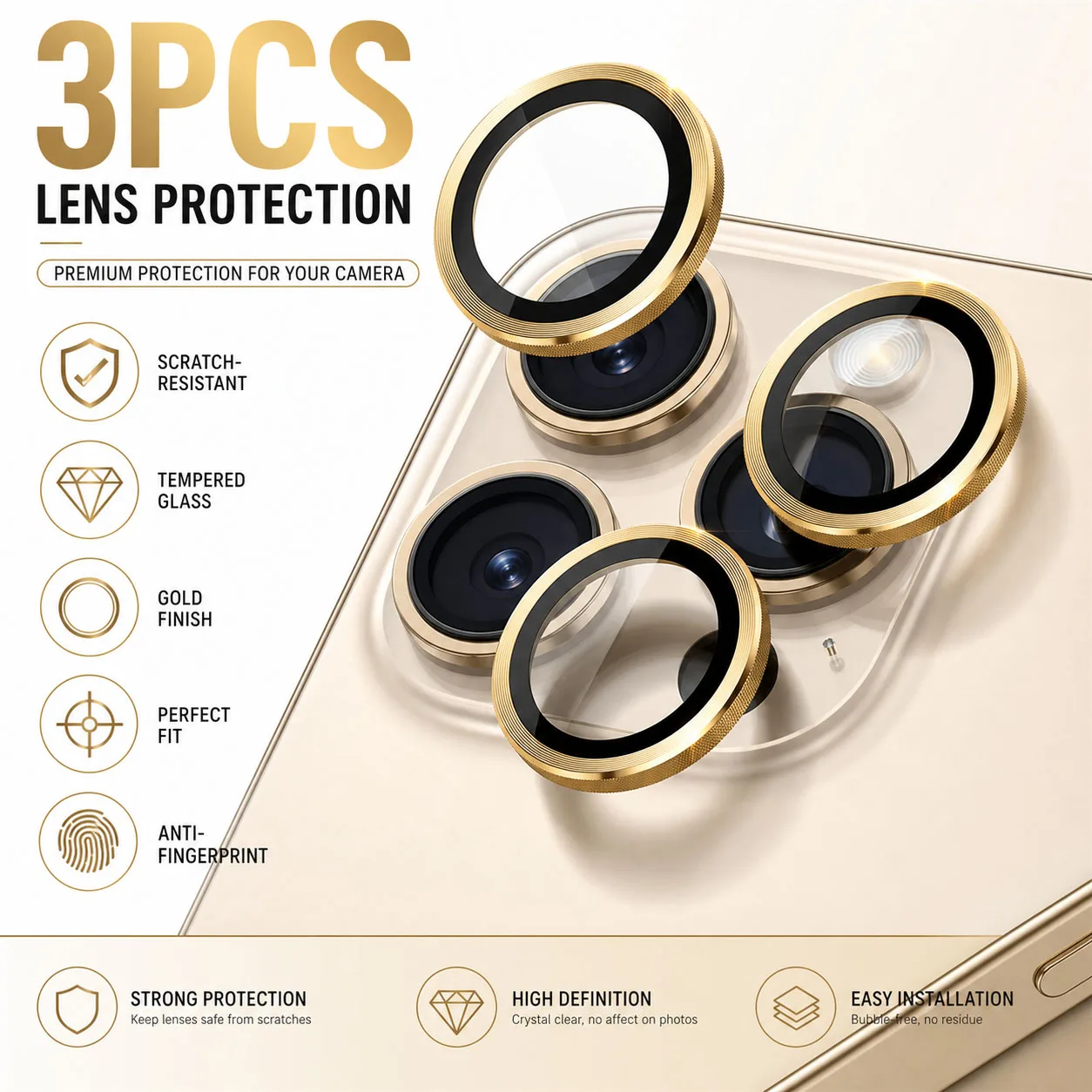 3 pcs, 3D Metal, Tempered Glass Camera Lens Protective Film, Suitable for iPhone 11 12 13 14 15 16 17 Pro Max 14 15 16 Plus Min