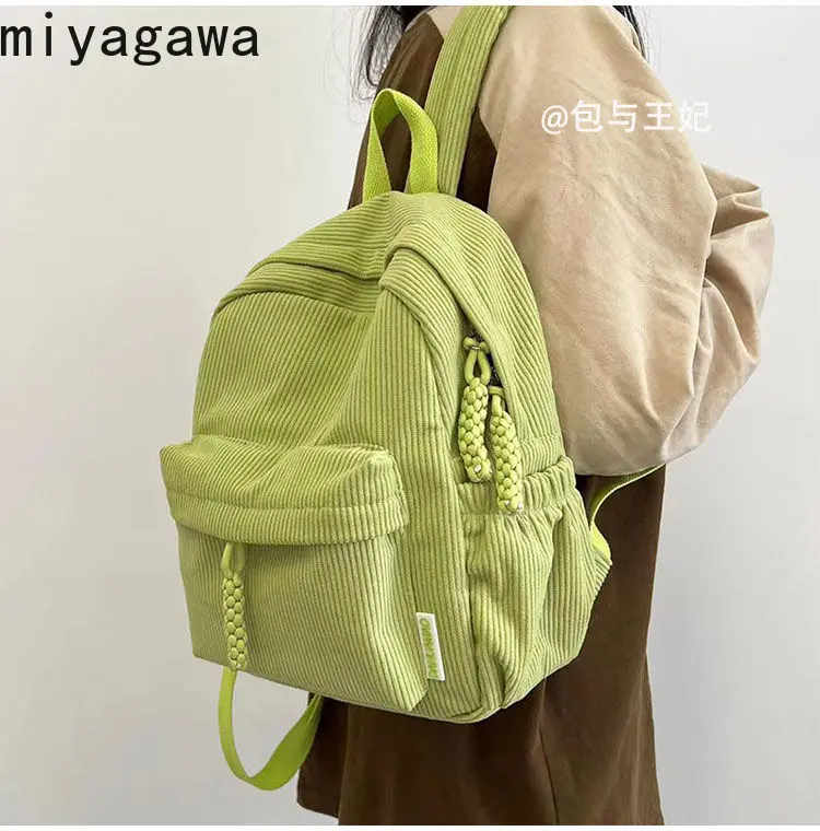 miyagawa Autumn Winter Corduroy Small Backpack for Women 2023 New Student Striped ins fashion solid color mini Backpacks