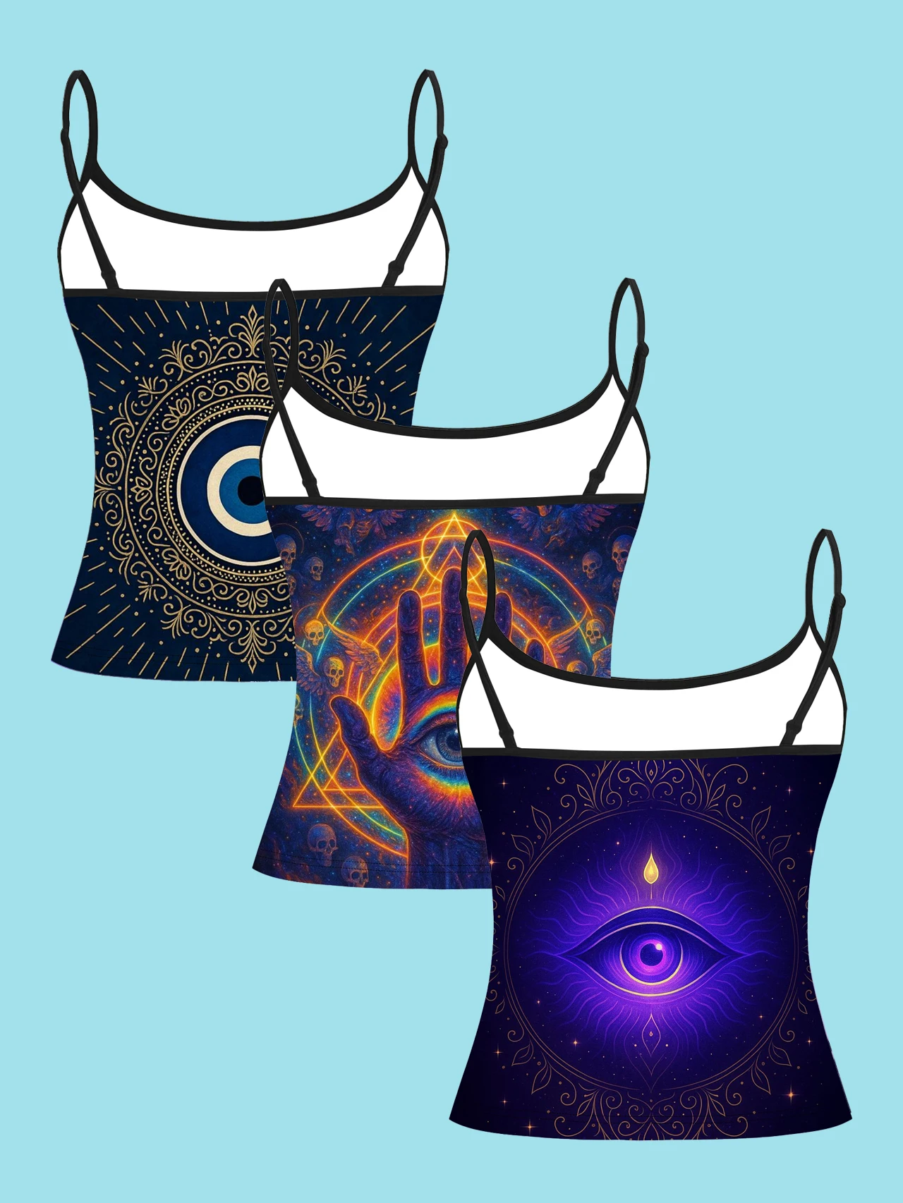 3-Piece Set of Esoteric Evil Eye Print Camisole Tops for Women, Summer Slim-Fit Spaghetti Strap Personalized Inner Wear