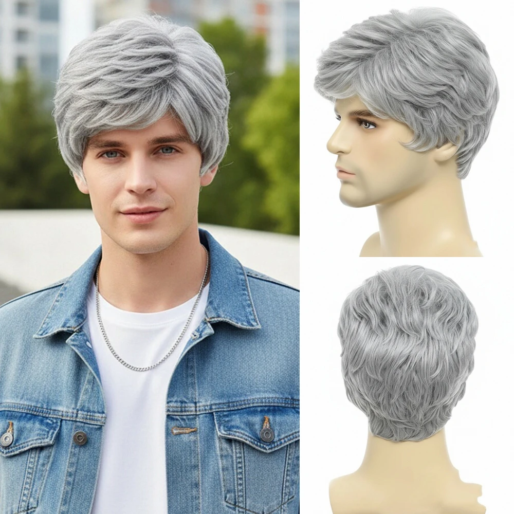 MSIWIGS Golden Grey Short Natural Curl Men's Daily Synthetic Wig for Everyday Use Comfortable Fiber Hair Replacement