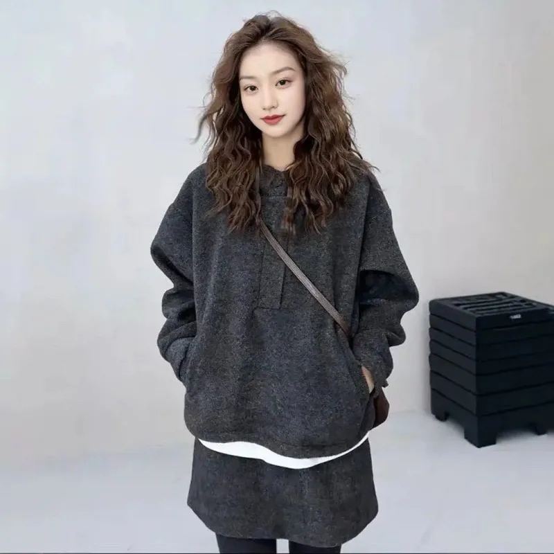Women Korean Style Winter Wool Blend Two Piece Set Oversized Hoodie Sweatshirt Casual Mini Skirt Fashion Petite Outfit