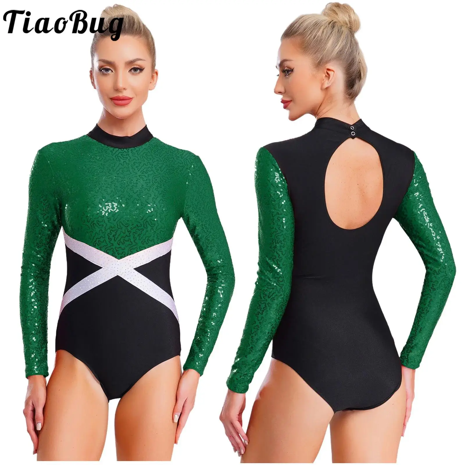 

Women Fashion Glittery Gymnastic Ballet Dance Performance Leotard Long Sleeve Jumpsuit for Figure Skating Ballet Dance Costumes