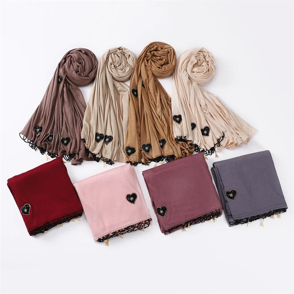 High Quality Cotton Stretchy Jersey Hijab Scarf With Heart-shaped Rhinestone Beading Tassel Headscarf Wraps Premium Solid Shawl