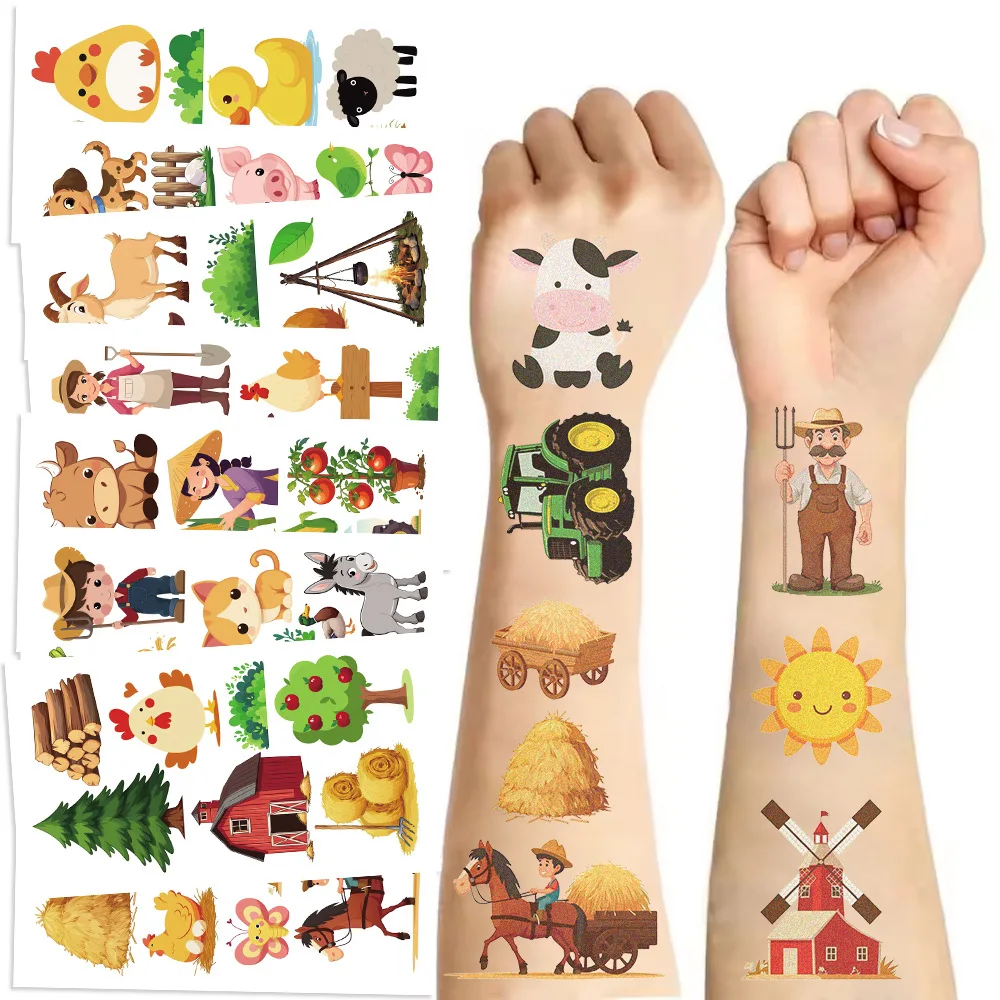 10Pcs/set New Farm Animal Cow Temporary Tattoos Sticker Barnyard Duck Horse Tractor Pig Sheep Kids Birthday Gift Decorations