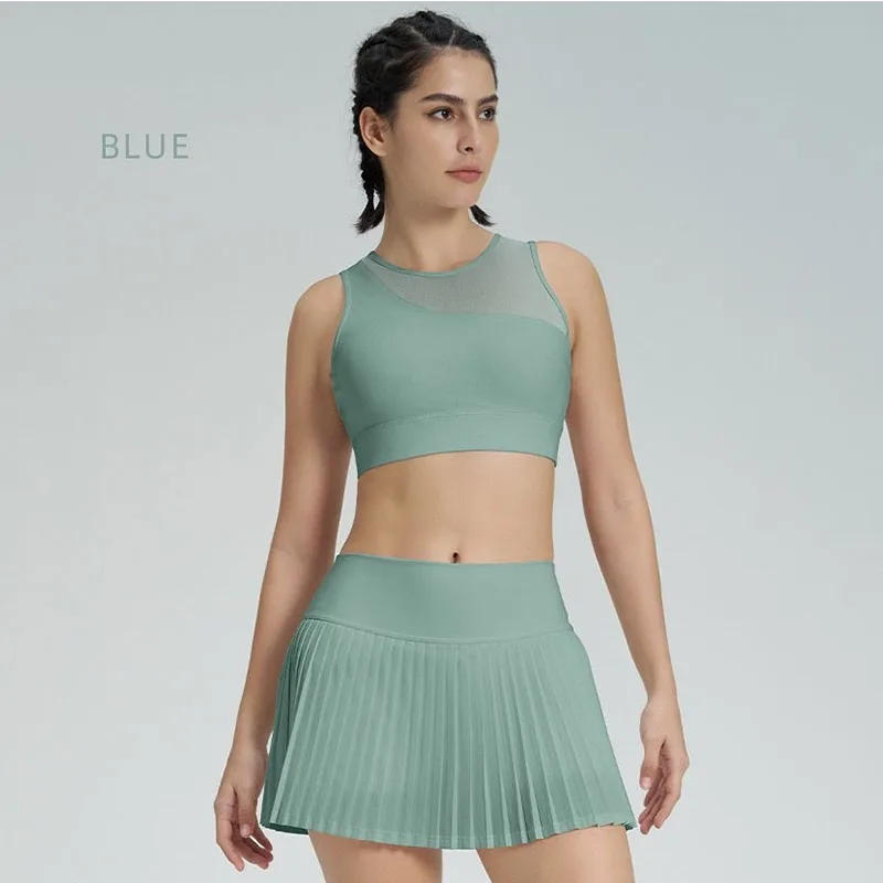 Women 2 Piece Tennis Outfits Mesh Spliced Sports Bra High Waist Pleated Skirt Shorts Pocket Workout Yoga Sets Gym Activewear