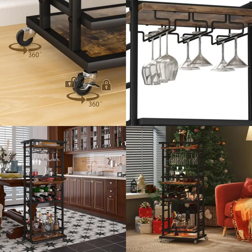 

Rolling 4-Shelf Bar Cart with Wine Rack & Glass Holder - Rustic Brown for Home Bar, Dining, Living Room, Kitchen, and Outdoor Us