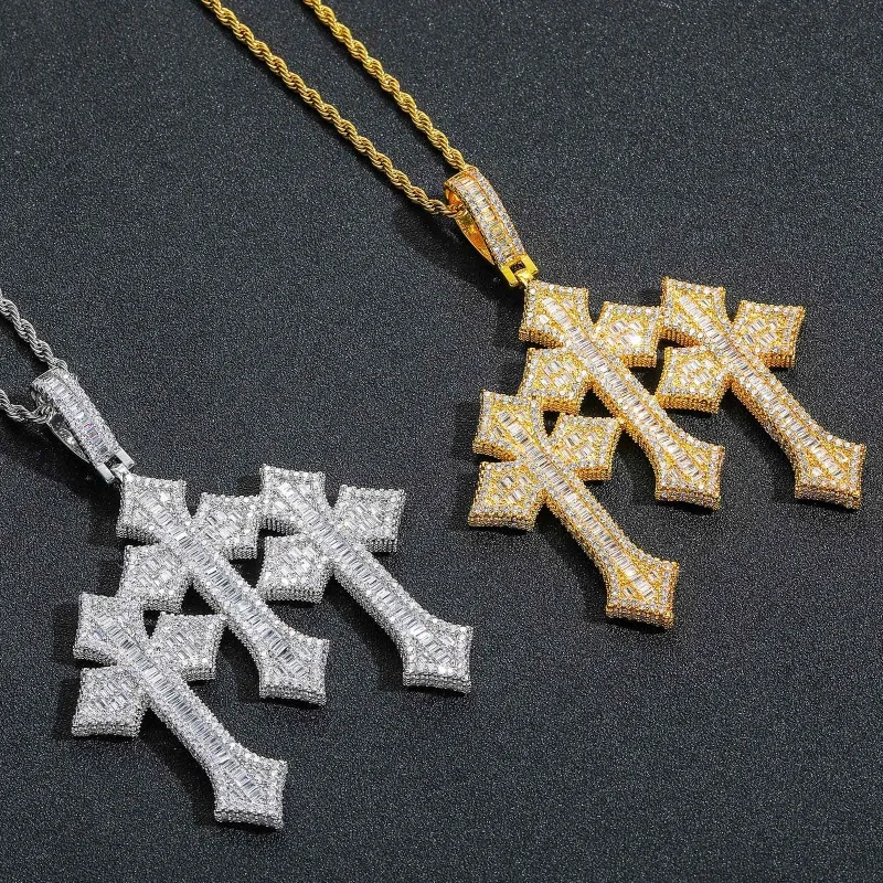 

Hiphop Iced Out Zircon Triple-Cross Pendant Necklace for Men 14k Gold Plated Cubic Zirconia Cross Necklaces Rope Chain 24in