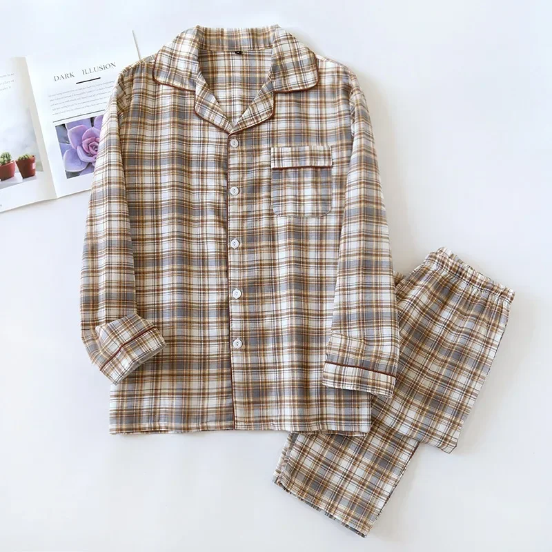 New Spring Autumn Cotton Double Layer Gauze Home Suit Men Long Sleeve Loose Pants Plaid Pajamas Casual Cozy Men Two Piece Set