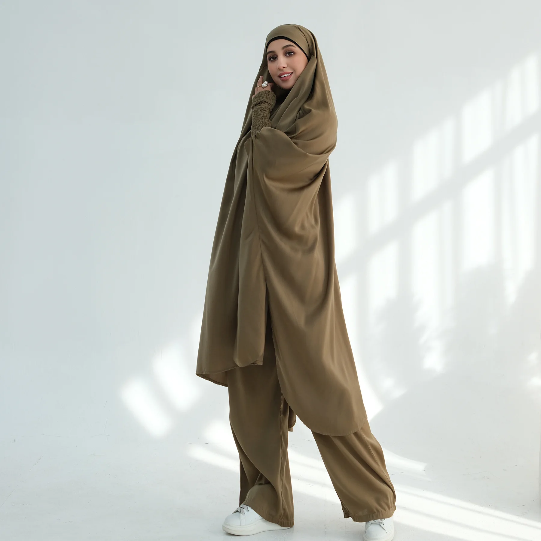 

New Eid Muslim Long Khimar top Pant 2 Piece Set Women Abaya Prayer Garment Full Cover Ramadan Kaftan Djellaba Musulman Ensembles