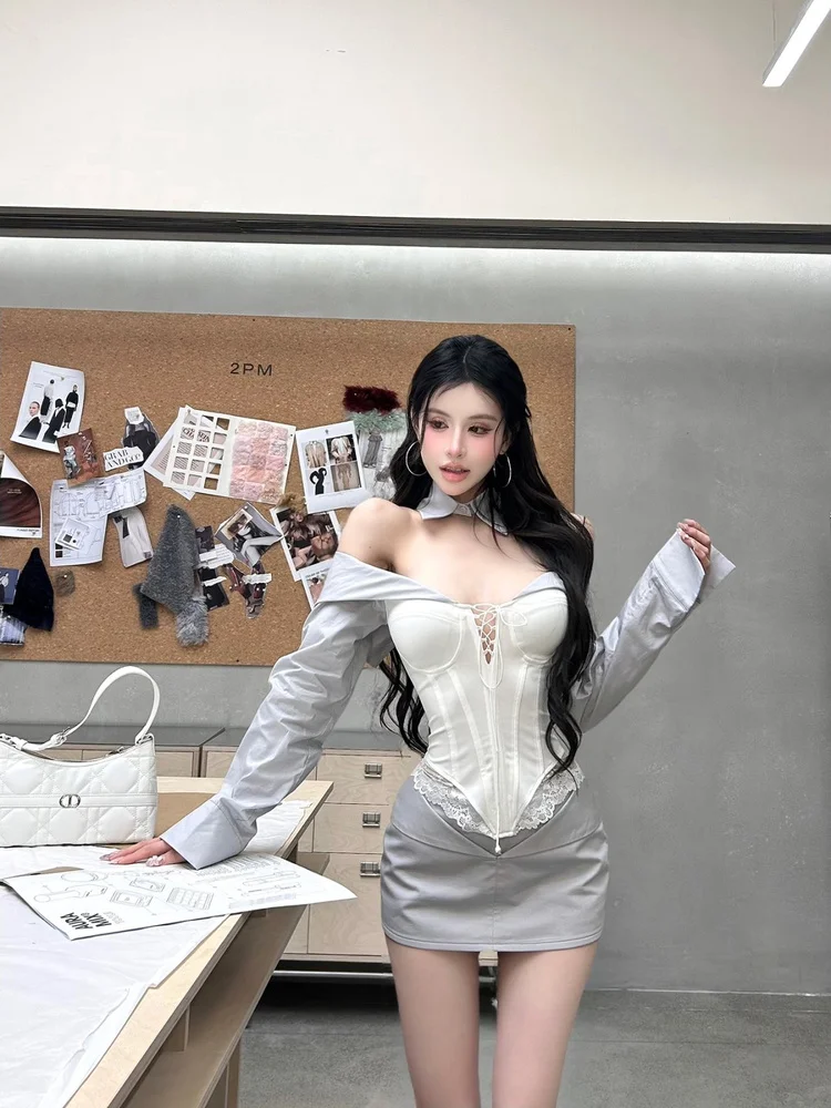 

Sexy Elegance Pure Desire Spicy Girl One oulder Top High Waist Bodycon ort Skirt Summer New Sle Women Two Piece Set