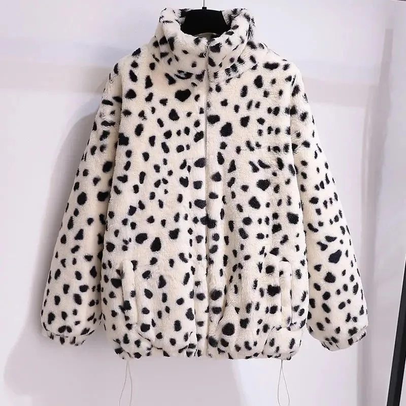 Lmitation Fur Leopard Print Mao Mao Coat Female Korean Version Of Loose College Wind  Autumn And Winter New Lamb Plush Top Tide.