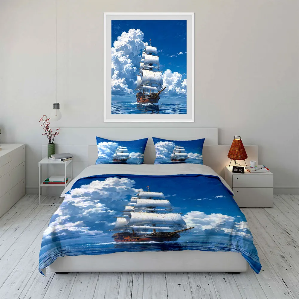 Majestic Sailing Ship at Sea Print Soft Comfortable Duvet Cover Bedding Set Included 1*Duvet Cover  2*Pillowcases Luxury Gift