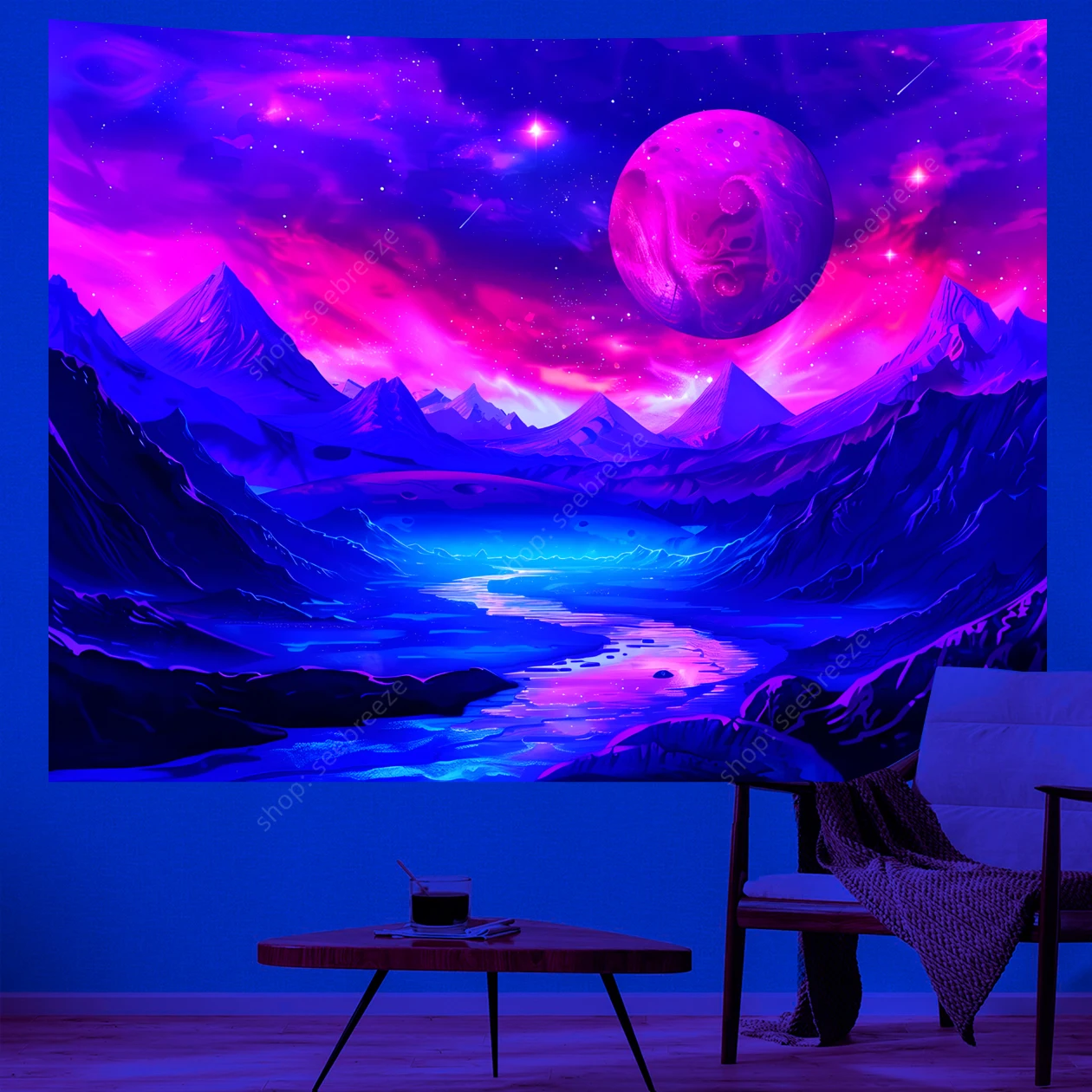 Planet UV Reactive Tapestry Psychedelic Mountain and River Neon Art Wall Tapestry for Bedroom Aesthetic Dorm Party Decor Curtain