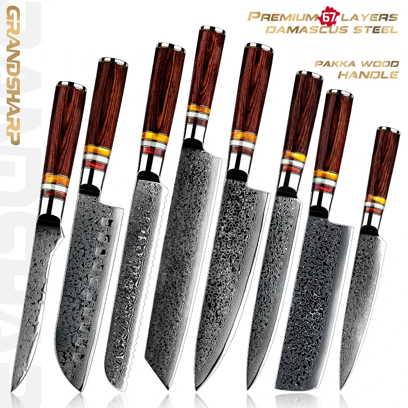 GRANDSHARP Damascus Knife Sets vg10 Japanese Damascus Steel Kitchen Slicing Knives Chef\'s Set Family Gift Kitchen Cooking Tools