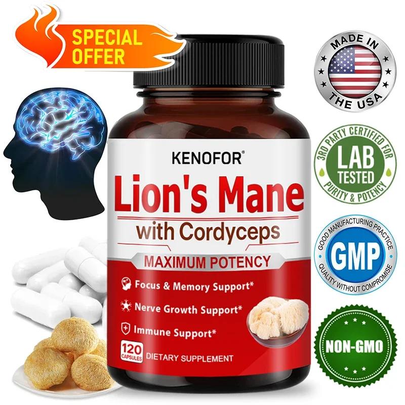 Kenofor Lion Mane Mushroom Capsule Immune System Enhancer Memory Enhancers for Brain Amnesia Protect Brain Nerves Relieve Stress