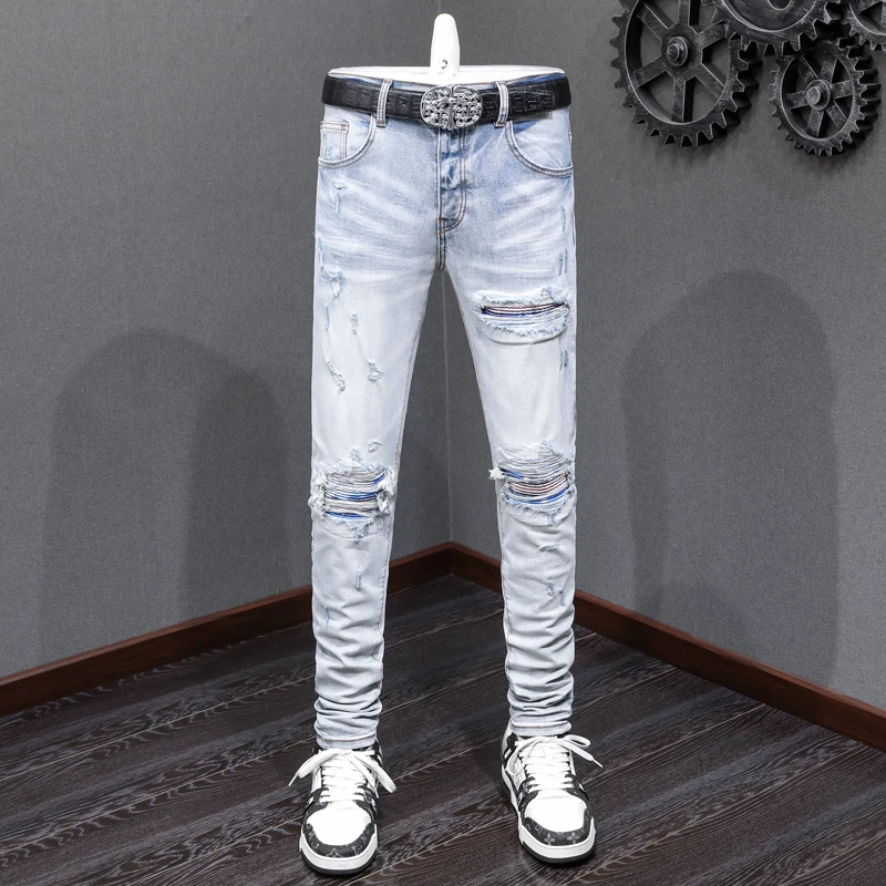 

Street Fashion Men Jeans High Quality Retro Light Blue Stretch Skinny Fit Ripped Jeans Men Patched Designer Hip Hop Brand Pants