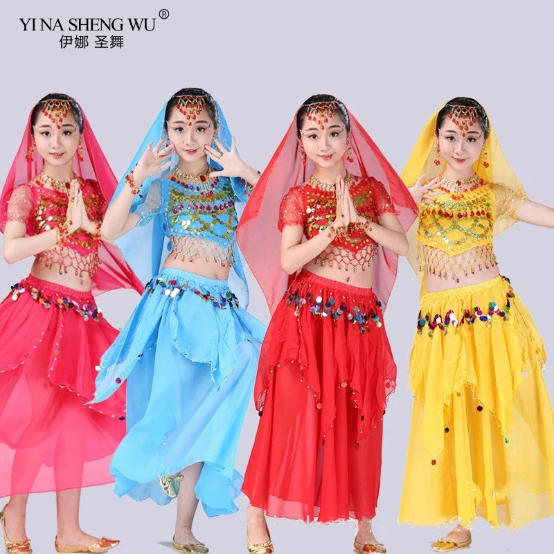 Performance Girls Belly Dancing Costume Set Kids Indian Dance Girl Bellydance Costume Dancewear Girl Egypt Dance Costumes 4pcs