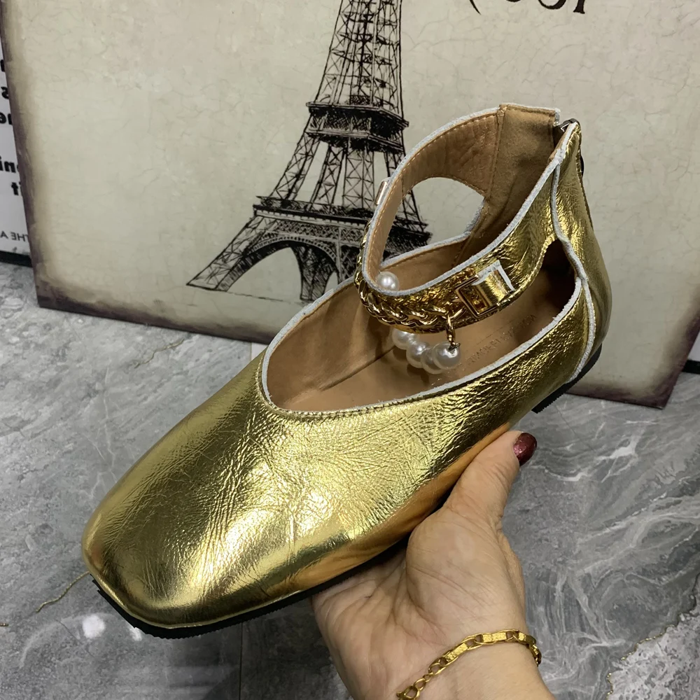 Fashion Leather Women Shoes Plus Size Casual Female Flat Shoes Antislip Pearl Designer Shoes