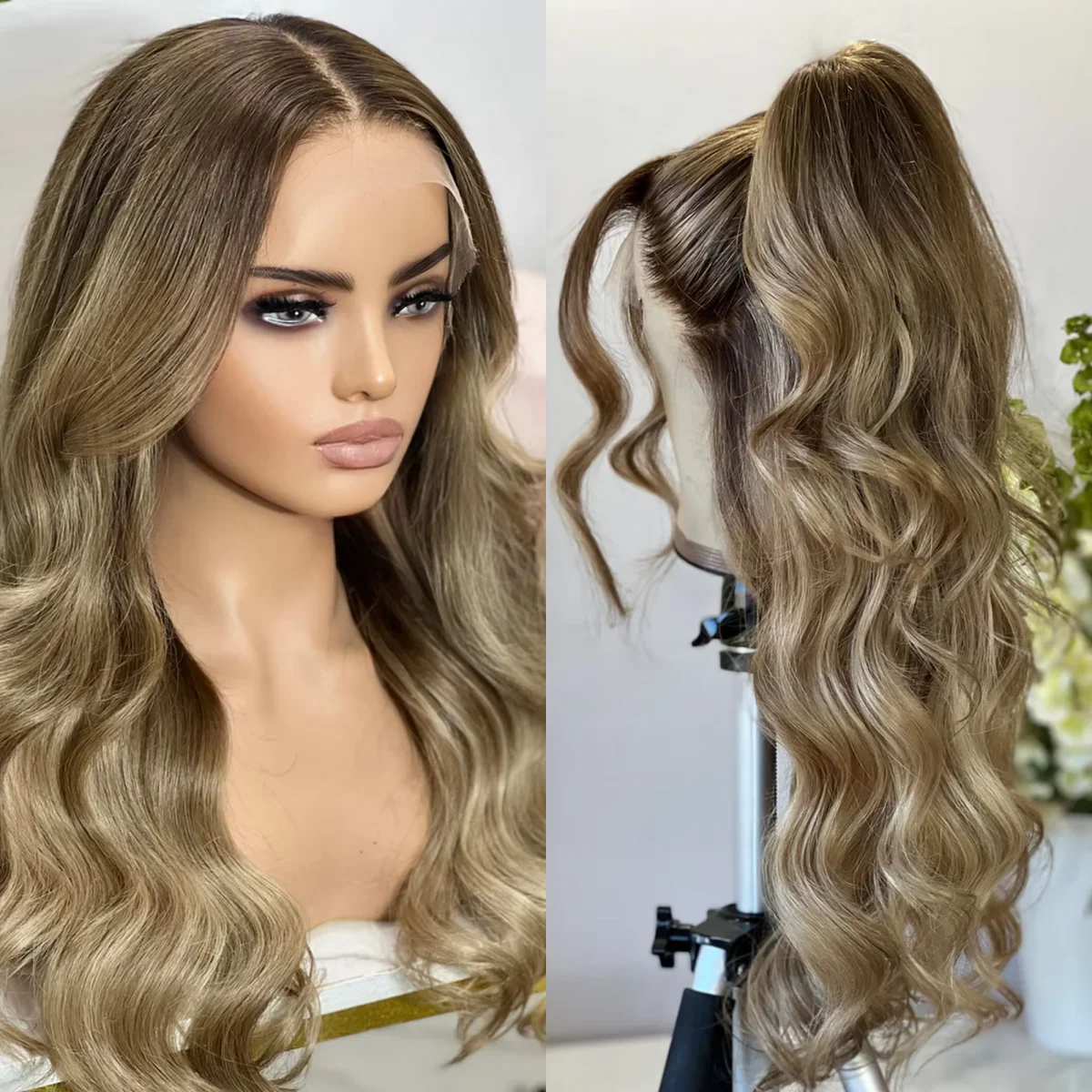 

New Style 24” Highlight Caramel Brown Synthetic Wig Realistic Looking Body Wave Mixed Wig Preplucked Hairline Daily Party Wear