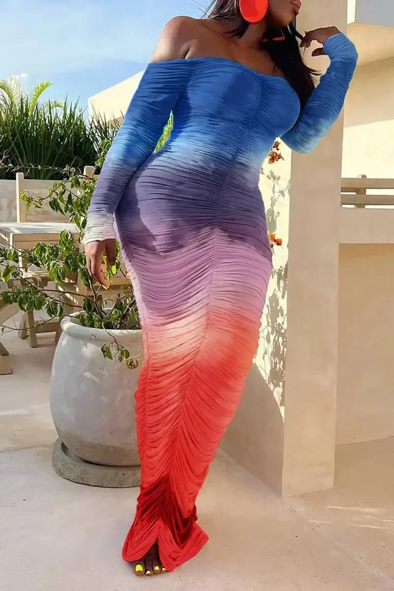 Plus Size Vrouwen Gradiënt Tie Dye Bedrukt Off Shoulder Lange Mouw Maxi Lange Midi Bodycon Ruched Jurk Sexy Party Club Jurken