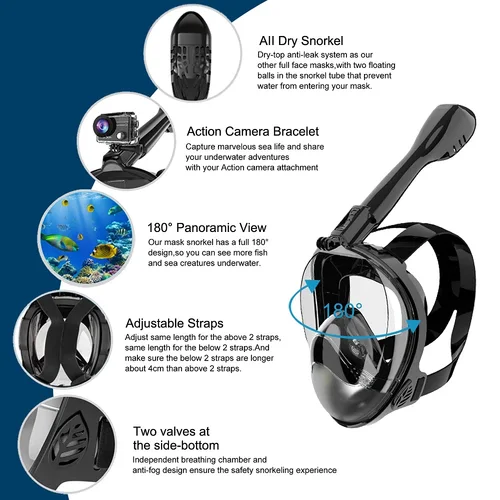Imagen 2 del producto Máscara de snorkel de cara completa Máscara de buceo para adultos y jóvenes antifugas antivaho 180 °   Vista panorámica con soporte para cámara Respiración segura