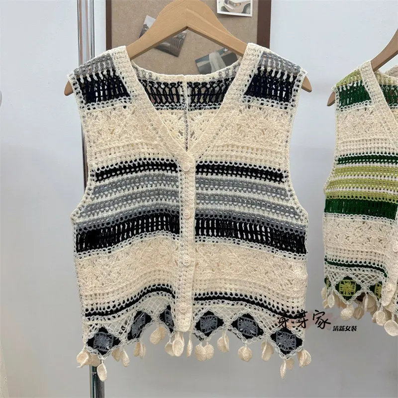 Granny Square Crochet Vest with Tassel Hollow Openwork Knit Sleeveles Button Front Waistcoat Summer Beach Resort Wear Boho