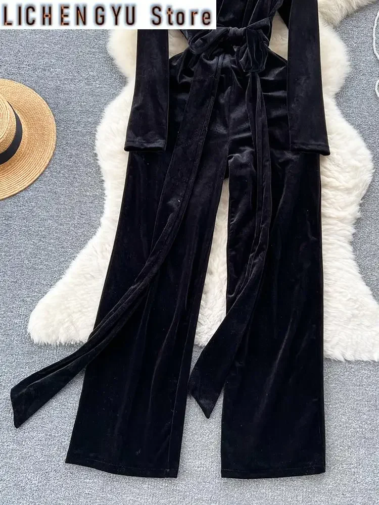 New Elegant Style Chic Jumpsuit Women V-neck Velvet Bandage High Waist Solid Color Jumpsuit Winter Spring