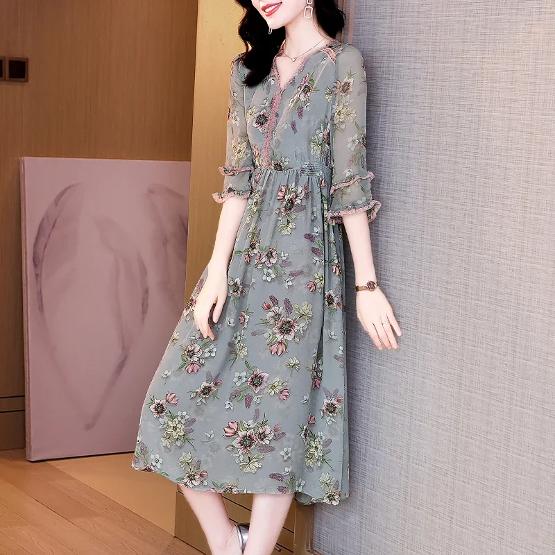 

Dresses For Women 2024 100% Silk Female Dress Summer High Quality Office Lady Dress With Floral Vestidos De Mujer Casual Xhl167