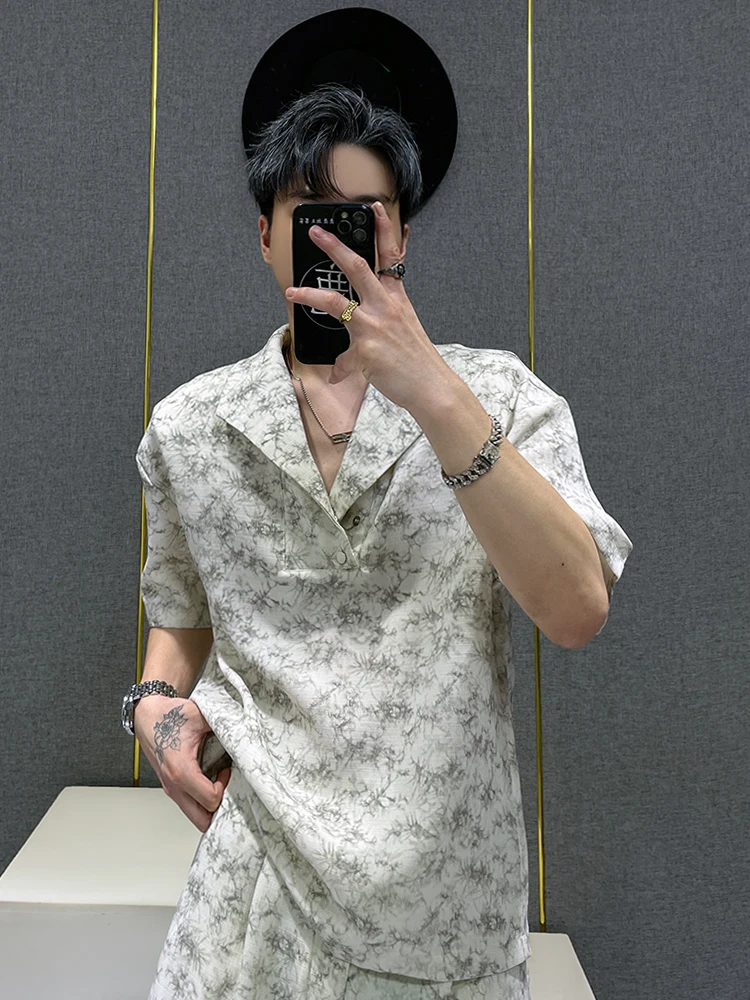 

Summer New Chinese Sle Casual Cotton irt Men's Bamboo Le Print vesve Cuban Collar Tie Dye ort Sve Faion