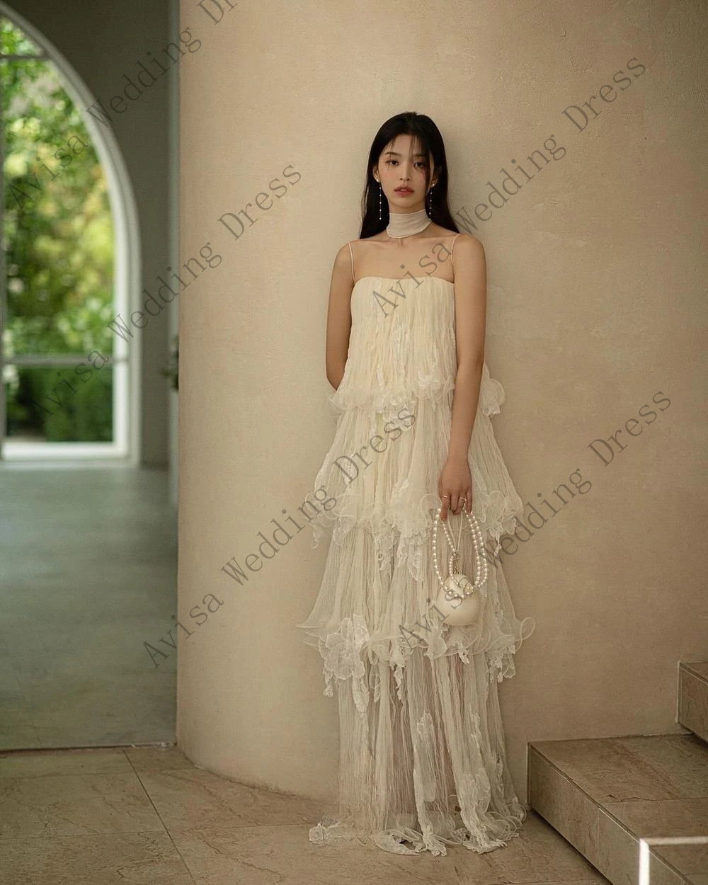 Gaun pengantin gaya Korea berlapis Tulle lembut tali Spaghetti mewah gaun pengantin peri berjenjang pemotretan foto gaun malam pesta