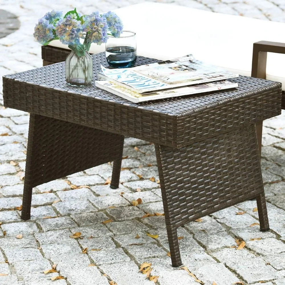 

Wicker Table Patio Outdoor Poolside Garden Lawn Bistro Foldable Portable Leisure Standing Coffee Side Table, Espresso Br