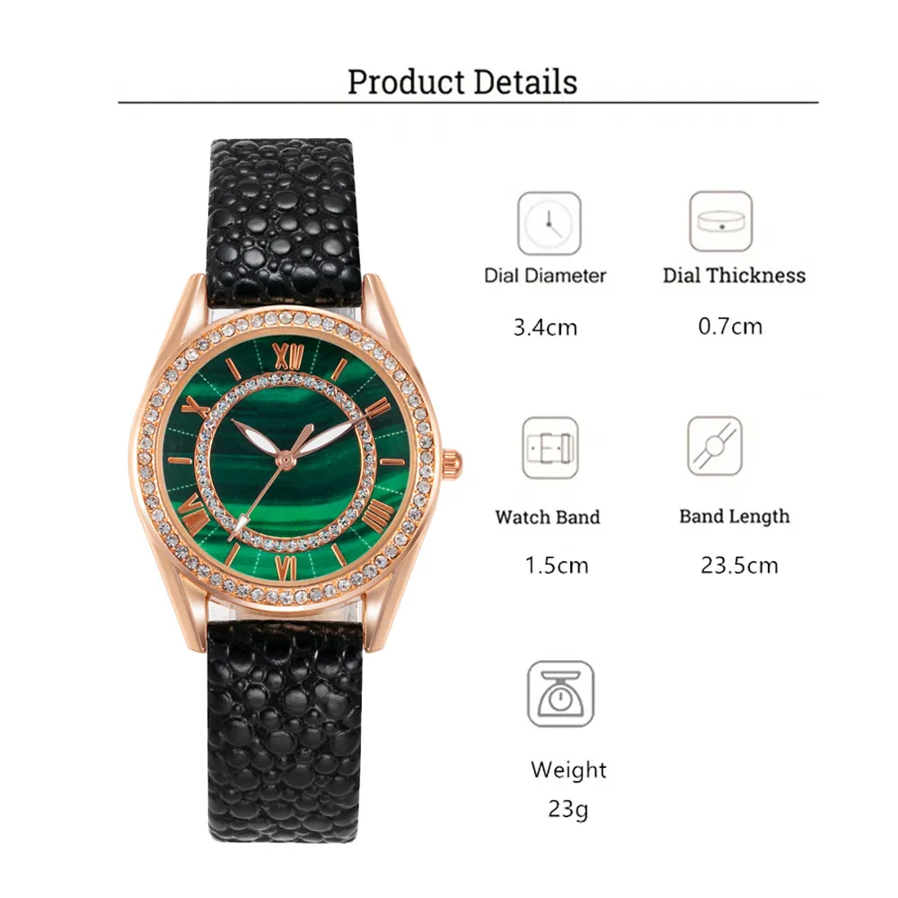 Relojes de lujo con diamantes para mujer, reloj de cuarzo con diseño de puntero verde esmeralda de Roma, cuero negro, regalo, 2023