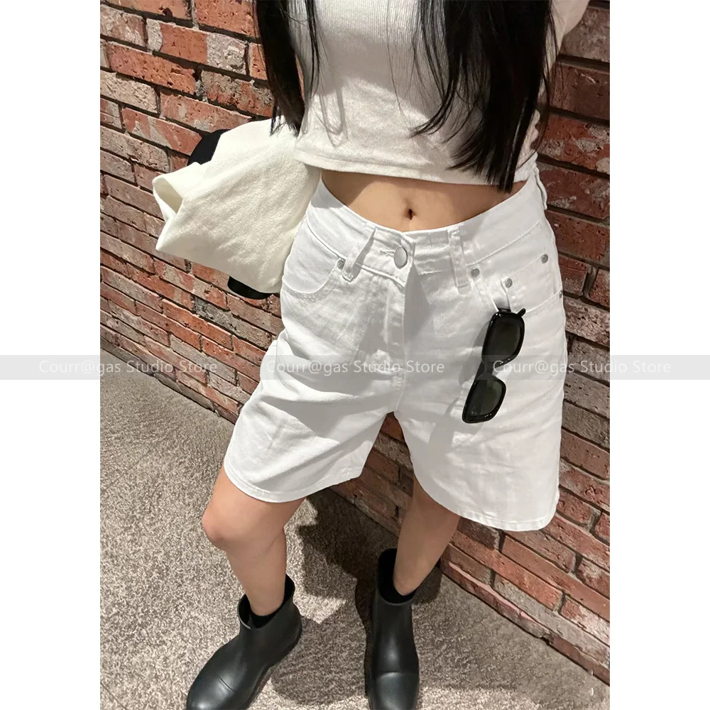 

2024 Summer new niche embroidered letters pocket design sense denim shorts five white wide-leg trousers casual