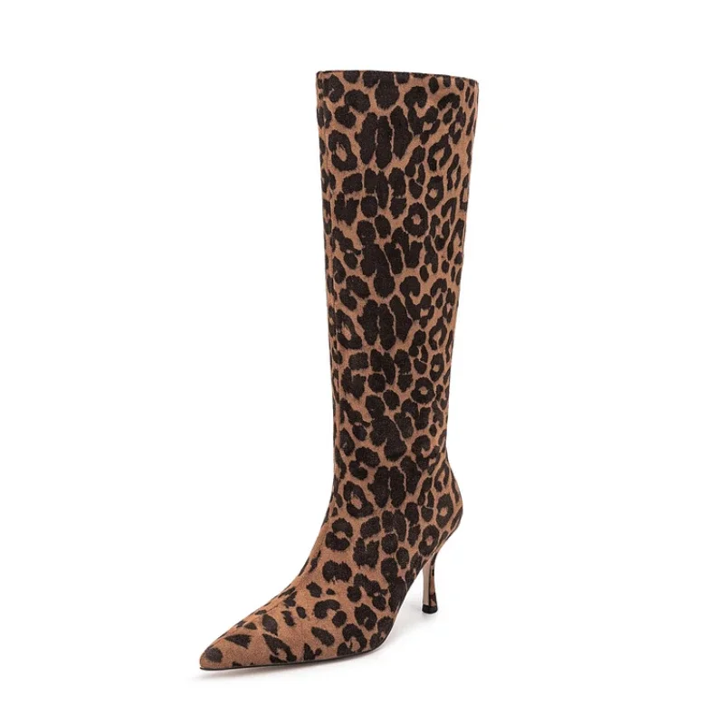 2024 Winter New Fashion Suede Leopard Print Knee Knight Boots for Women Europe and America Zipper High Heels Big Size Shoes 43