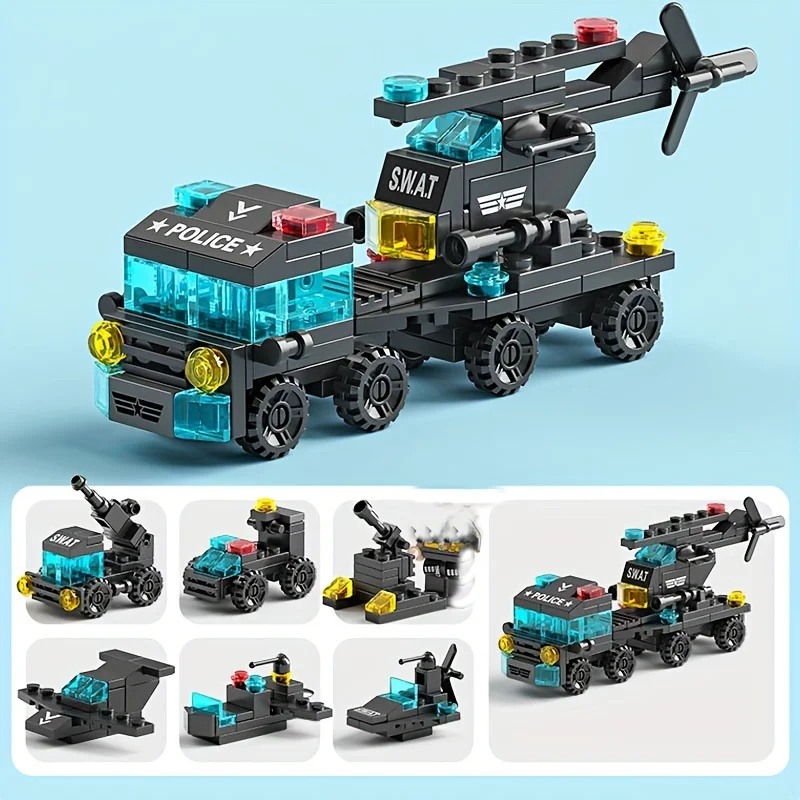 123Pcs 6 In 1 Mini Size SWAT Police Truck Model Building Blocks City Machine Helicopter Car Figures Bricks Educational Toy for