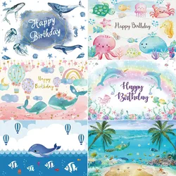 Summer Ocean Theme Cartoon Fish Kids Birthday Party Cute Underwater Dolphin Whale Background Event Decoration Baby Shower Prop ﻿