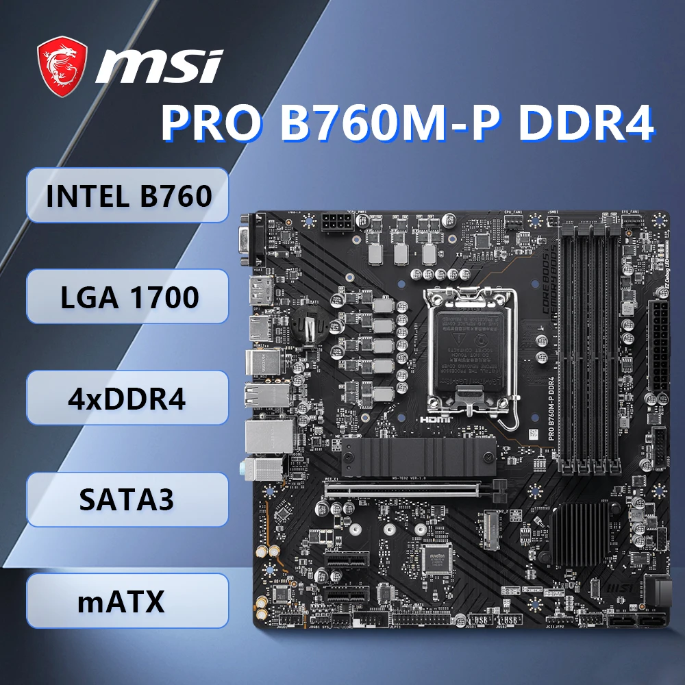 Placa base MSI PRO B760M-P DDR4, compatible con LGA1700, i9-12900KS, i7-12700K, CPU, Chipset INTEL B760, 2xM.2,PCIe 4,0, mATX.